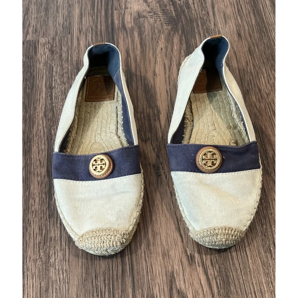 TORY BURCH ESPADRILLE BEIGE AND NAVY SHOES SIZE 6.5